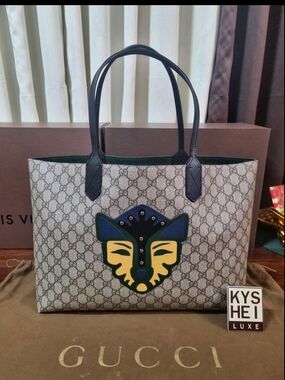 Gucci Beige GG Supreme Tote with Blue, Green & Yellow Mask Applique